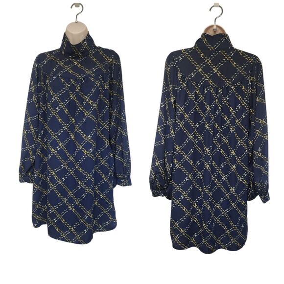 WHO WHAT WHERE Blue/Gold Chain Print Long Sleeve High Collar Dress Size XS - Picture 3 of 10